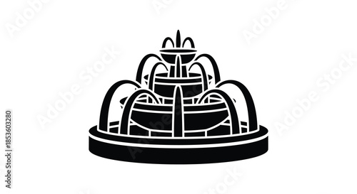 A striking black and white depiction of a tiered fountain structure a bold silhouette
