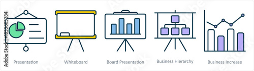 A set of 5 business icons as presentation, whiteboard, board presentation, business hierarchy
