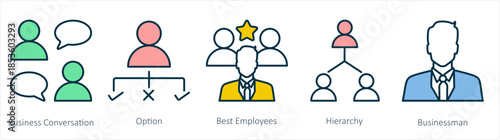A set of 5 business icons as business conversation, option, best employees