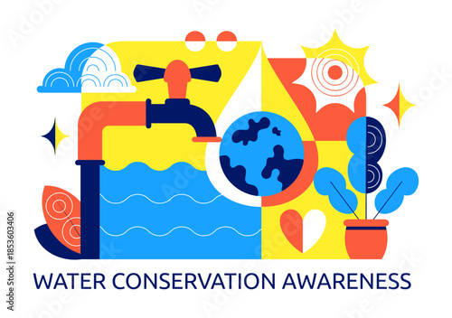 Water Conservation Awareness Vector Illustration Featuring Sustainable Usage Environmental Protection For Future Generations Background