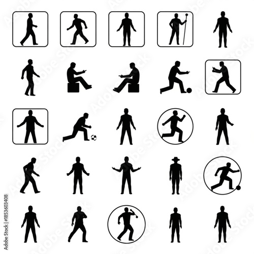 Collection of various black silhouette icons depicting people performing different actions and sports