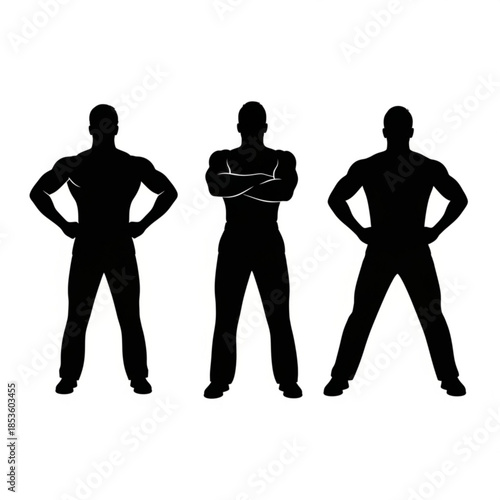 Three confident men in various poses standing strong