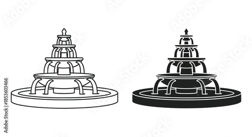 Detailed black and white illustrations of ornate tiered fountains presented in a striking silhouette