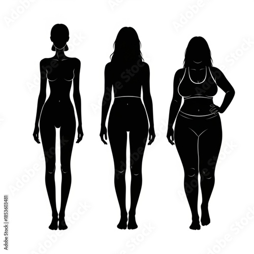 Three female silhouettes with different body types