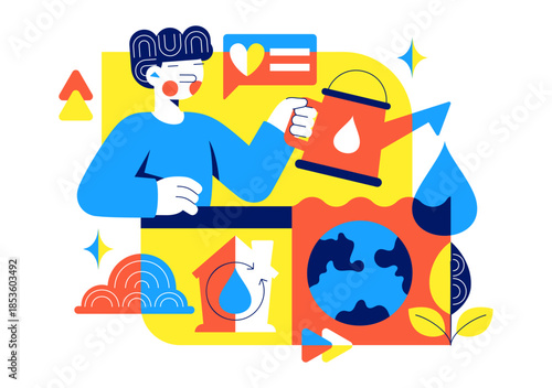 Water Conservation Awareness Vector Illustration Featuring Sustainable Usage Environmental Protection For Future Generations Background