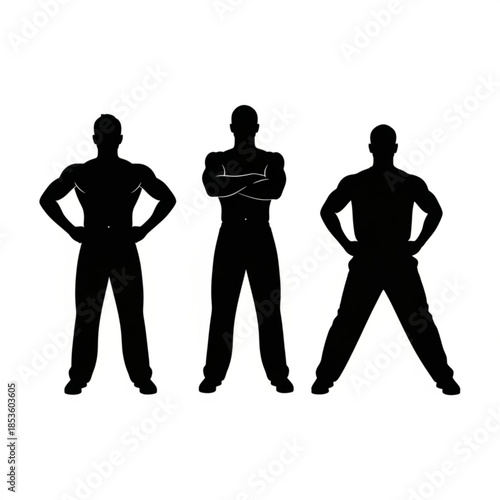 Three confident men silhouettes standing in different poses