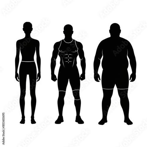Three human body silhouettes with muscle groups outlined in white on a pure