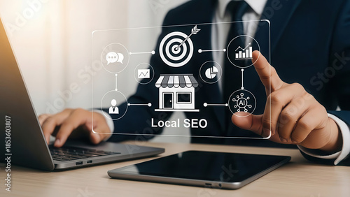 Business professional in suit interacting with digital interface displaying local SEO concepts, targeting marketing strategies, analytics, and customer engagement for effective online presence