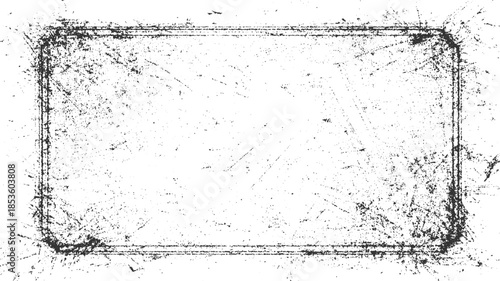 Black and white distressed rectangular frame with grunge texture and scattered dots border