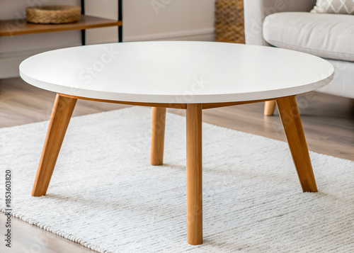 Round coffee table featuring white top and wooden legs, modern furniture design creating comfort in home interior