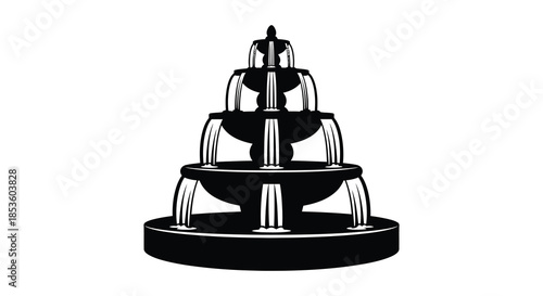 An elegant tiered fountain design presented in a striking black and white illustration silhouette