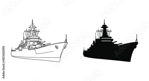 Detailed depiction of a large naval battleship alongside its striking black silhouette