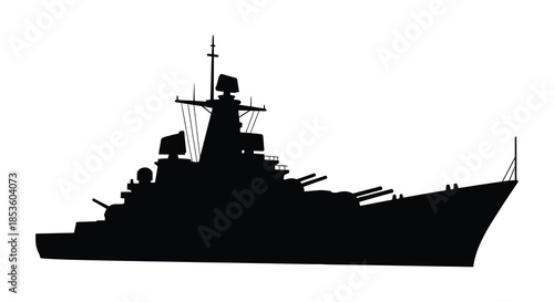 A striking black silhouette of a powerful naval warship detailed with masts and weaponry silhouette