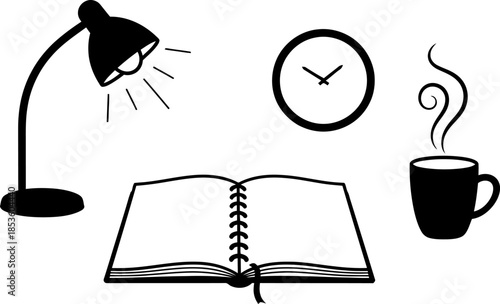Study setup with lamp, book, clock, and coffee Silhouette