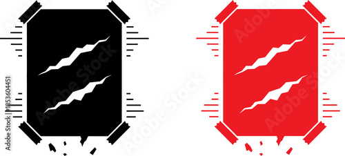 Torn Poster and Damaged Signage Vector , Grungy Warning Label with Tape and Cracks in Black and Red