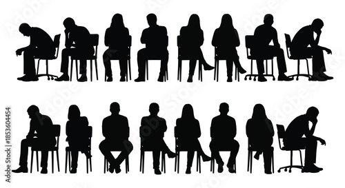 A collection of black silhouettes depicting people sitting in various postures and chairs