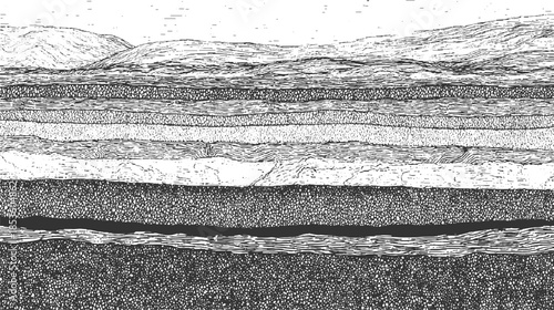 Cross section of layered earth strata with mountains and sky in black and white line geology layers