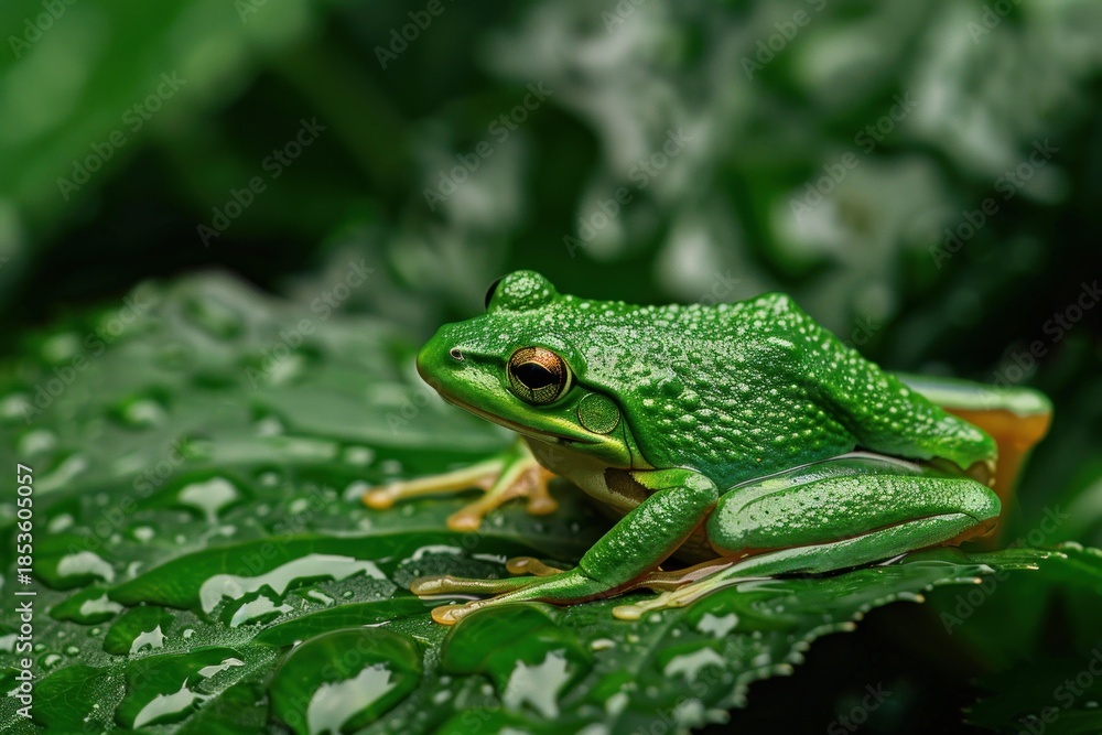 Naklejka premium Vibrant green frog enjoying a moment of tranquility on a lush, wet leaf in a tropical rainforest setting