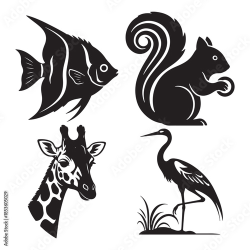 This image displays a collection of four stylized animal illustrations in black against a white background, arranged in a grid-like format. The collection includes an angelfish (top left), a squirrel 
