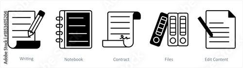 A set of 5 business icons as writing, notebook, contract