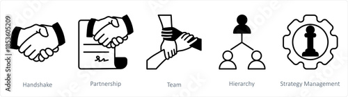 A set of 5 business icons as handshake, partnership, team