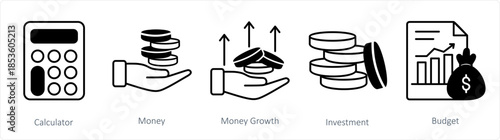 A set of 5 business icons as calculator, money, money growth