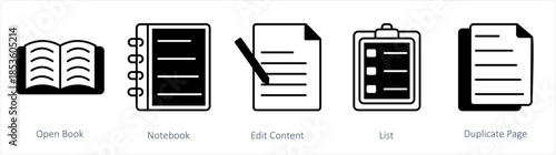 A set of 5 business icons as open book, notebook, edit content