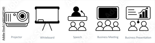 A set of 5 business icons as projector, whiteboard, speech