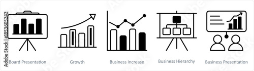 A set of 5 business icons as board presentation, growth, business increase