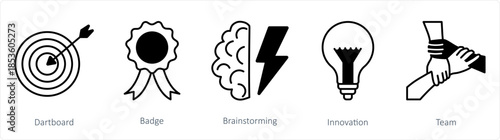 A set of 5 business icons as dartboard, badge, brainstorming