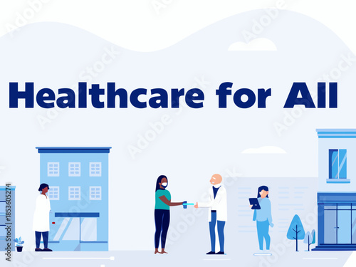 Healthcare accessibility concept with doctors patients and city buildings illustrated
