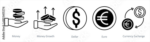 A set of 5 business icons as money, money growth, dollar