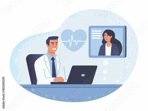 Doctor and patient connecting through a telehealth video consultation on a laptop