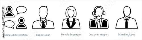 A set of 5 business icons as business conversation, businessman, female employee