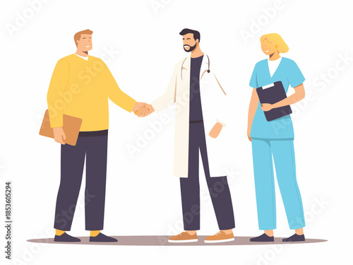 Medical professionals greeting a patient with a handshake and friendly discussion