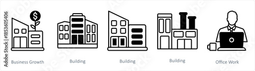 A set of 5 business icons as business growth, building, factory