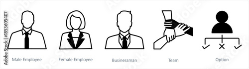 A set of 5 business icons as male employee, female employee, businessman