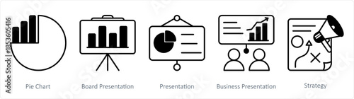 A set of 5 business icons as pie chart, board presentation, presentation