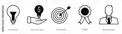 A set of 5 business icons as innovation, financial idea, dartboard