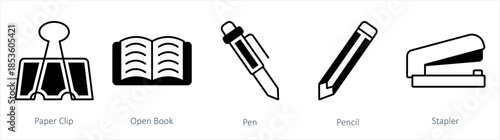 A set of 5 business icons as paper clip, open book, pen