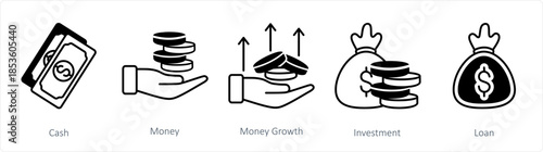 A set of 5 business icons as cash, money, money growth