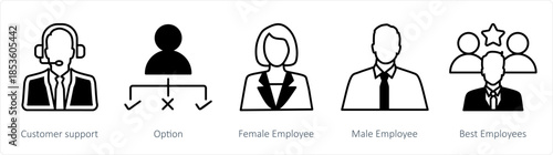 A set of 5 business icons as customer support, option, female employee
