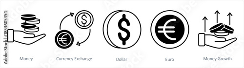 A set of 5 business icons as money, currency exchange, dollar