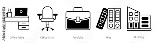 A set of 5 business icons as office table, office chair, portfolio