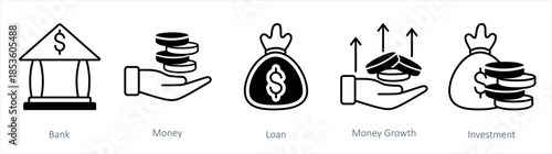 A set of 5 business icons as bank, money, loan