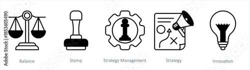 A set of 5 business icons as balance, stamp, strategy management