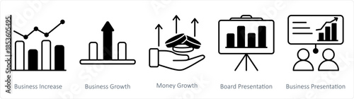A set of 5 business icons as business increase, business growth, money growth
