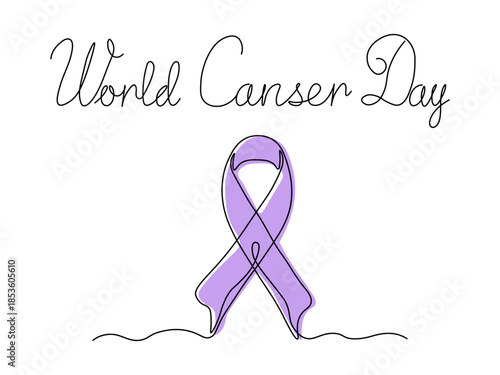 World Cancer Day. Greeting card. Abstract ribbon fight against cancer, continuous single one line art hand drawing sketch logo on white background. Lavender is a symbol of all types of cancer