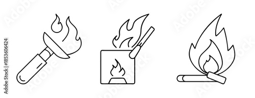 Collection of line art fire ignition icons: torch, matchbox, matchstick
