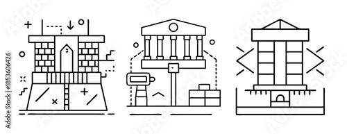 Architectural structures and urban planning line icons set for design